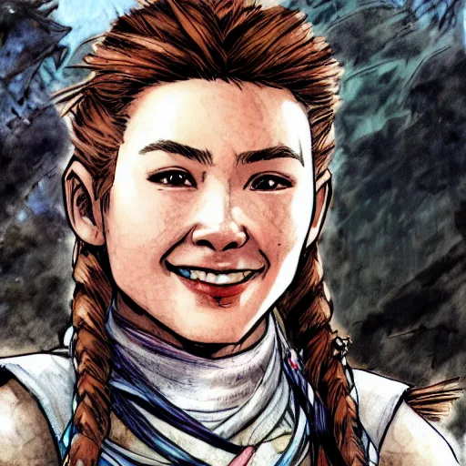 Prompt: portrait of happy Aloy from Horizon: Zero Dawn, comic book illustration, by John Kirby