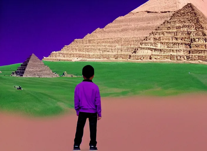 Image similar to landscape, steve jobs and a boy with purple hair in front of the pyramids, hyperrealism, intricate, 8 k, high detail