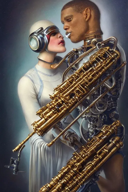 Image similar to a beautiful ultradetailed vintage photo of cyborg playing an oboe, by tom bagshaw and anna dittman, couples portrait, vignette, 3 5 mm lens, golden ratio composition, detailed faces, studio photography, very detailed, humanoids, industrial robots, artstation, 8 k, highly coherent