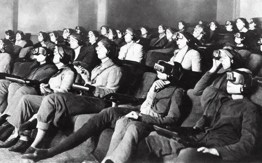 Image similar to 1 9 0 0 s photo of people using iphones ipods virtual reality headsets vr watching hd tv in a movie theater