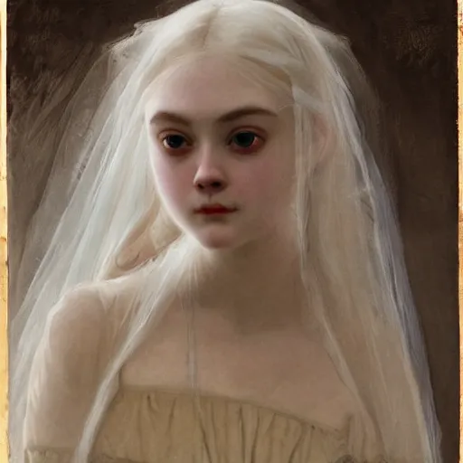 Prompt: A cursed haunted horror masterpiece head and shoulders portrait of Elle Fanning by William Adolphe Bouguereau and Junji Ito