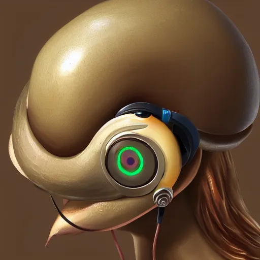 Image similar to snail wearing headset behind pc, highly detailed, trending artstation,