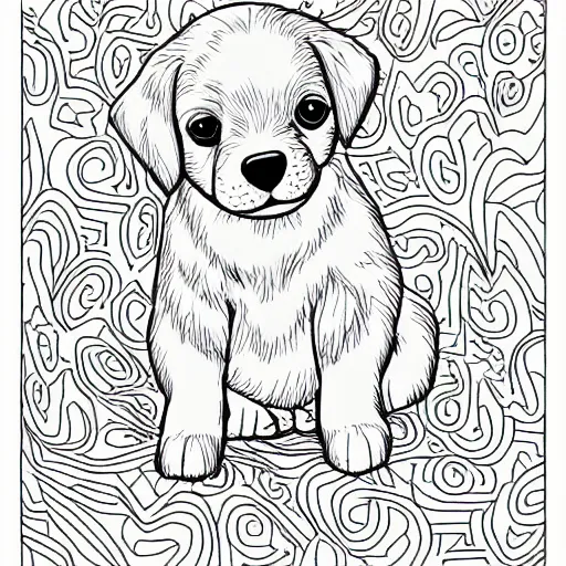 Prompt: coloring book page of a puppy sitting on a grassy lawn