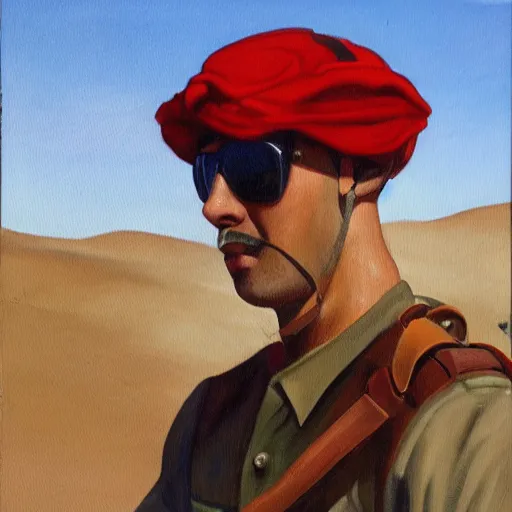 Prompt: a painting of an israeli solidier with sunglasses, a field cap, and a red ascot around his neck throwing a frag in the desert high details