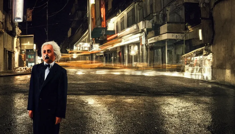 Image similar to hyper-realistic 2010s movie still of Giovanni Falcone in a street a night, by Paolo Sorrentino, Cinestill 800t 35mm, beautiful color, high quality, neon billboards and streetlight, rain, lens flare