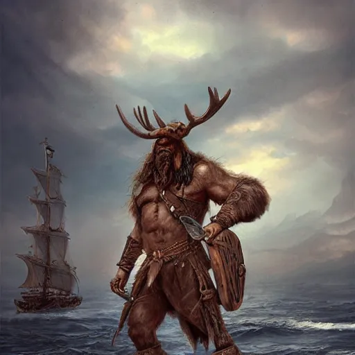 Prompt: anthropomorphic moose barbarian humanoid by wlop, pirate ship, sea, fantasy