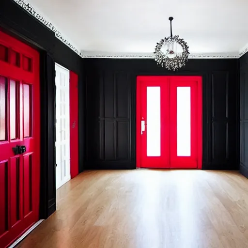 Prompt: an all black room with a glowing red door on the far side, surreal,