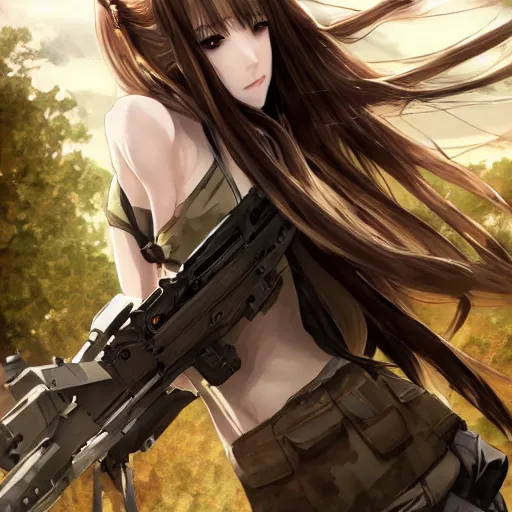 Prompt: soldier girl, anime style, long hair, hair down, symmetrical facial features, girls frontline cg, hyper realistic, pale skin, 4 k, rule of thirds, extreme detail, detailed drawing, trending artstation, hd, d & d, realistic lighting, by alphonse mucha, greg rutkowski, sharp focus, backlit, ground explosion