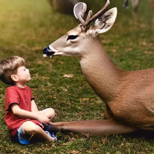 Image similar to a deer being pet by a little boy, cinematic scene