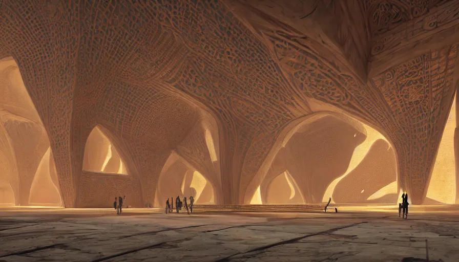 Prompt: the inside of a monument with indian motifs, by tim blandin and arthur haas and bruce pennington and john schoenherr, big windows architecture by zaha hadid, octane render, cinematic, scenery, cgsociety, modernism, futuristic, trending on artstation, sci - fi, high detail, high quality, close up angle, people walking