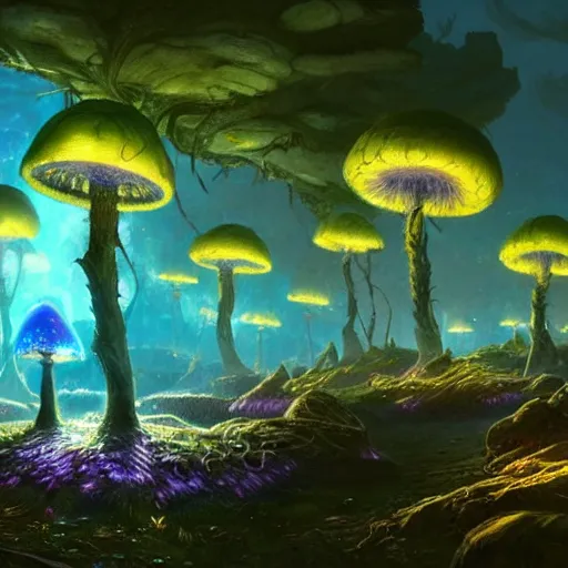 Image similar to concept art painting of a fantasy alien fungal landscape at night, with glowing blue lights, glowing blue mushrooms, dark purple sky, realistic, detailed, cel shaded, in the style of makoto shinkai and greg rutkowski and albert bierstadt and james gurney