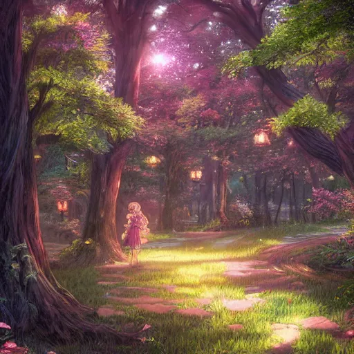 Image similar to the aesthetic view of the beautiful, grand, wistful, dreamy hidden forest at dusk, hyperrealistic anime illustration by iralki nadar, colorful, extremely detailed, intricate linework, super sharp focus, bright colors, octopath traveler, studio ghibli, unreal engine 5 highly rendered, global illumination, radiant light, detailed and intricate environment