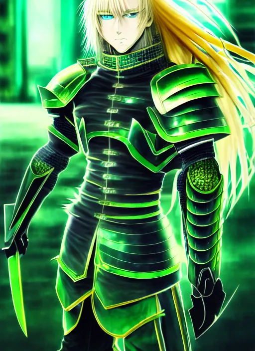 Image similar to a detailed anime full body portrait of a man with long blonde hair and blue eyes wearing evil green spiked cyberpunk armour by hirohiko araki and moebius, detailed artwork, realism, 4 k resolution, detailed, high quality, sharp focus, hq artwork, insane detail, volumetric lighting, character concept art, fine details, clear subject, central subject