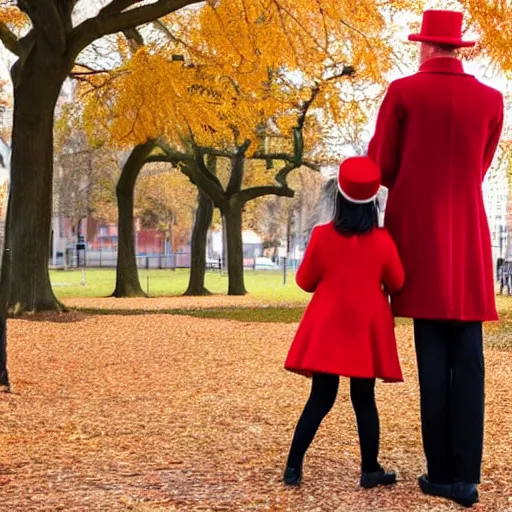 Prompt: A thin man in a black coat and bowler hat talks with small young girl dressed in a red coat and a red hat, park, autumn, Berlin, in style of valentine aerobics, wide angle, high detail, width 768