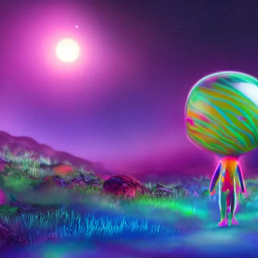 Image similar to weary traveller wandering through an alien world, by lisa frank, 4 k, beautiful, cinematic dramatic