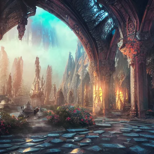 Image similar to ,inside a magical ethereal elven city, highly detailed, 4k, HDR, award-winning, artstation, octane render