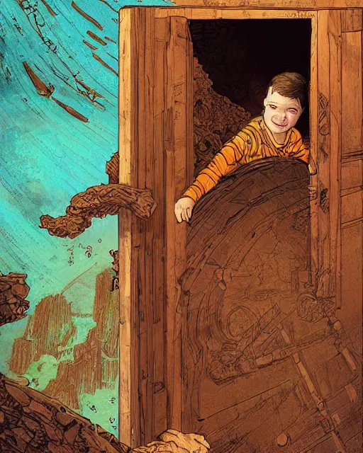 Prompt: a young boy opening a giant wooden door with archaic symbols embedded onto it, in a cave by the water, digital art, illustrated by james gurney and victo ngai