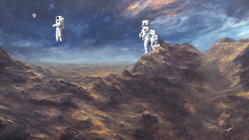 Image similar to an astronaut among goliaths in a landscape, oil on canvas, painting, 4k, wide shot