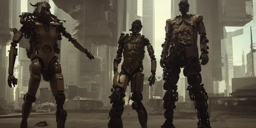 Image similar to cyberpunk buff old man fighting Deadcode humanoid robot Emmanuel Lubezki