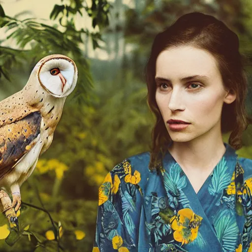 Image similar to head to shoulder portrait Polaroid film photograph of an elegant top model wearing a yellow kimono with a very detailed barn owl on her shoulder!!! in a tropical greenhouse. looking at the camera!!. super resolution. Polaroid 600 film. art by Alessio albi and john william waterhouse and Annie Leibovitz.