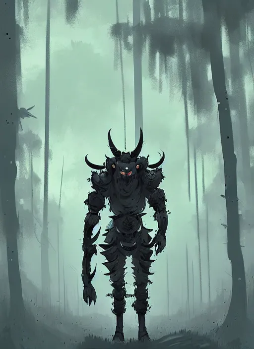 Image similar to giant oni demon in armor, walking, grey forest background, by ismail inceoglu