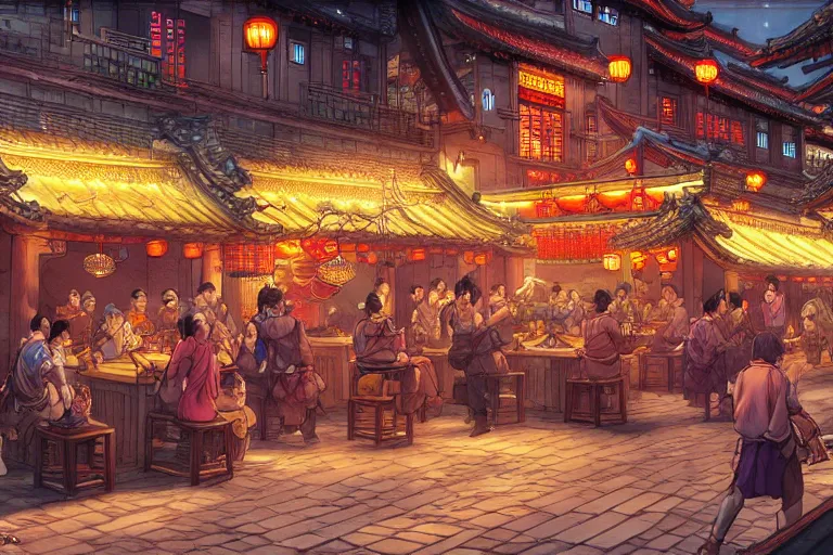 Prompt: fantasy art of a bustling tavern in china, at night, by masamune shirow, highly detailed digital art, trending on artstation