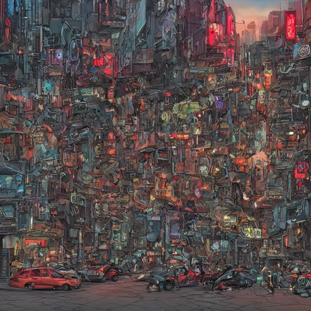 Prompt: A stunning comic book cover illustration of a dystopian street corner, with mechanical vehicle traffic, service robots, cyberpunk strip clubs, pimps, prostitutes, gangs, vandals and vagrant broken cyborgs on the sidewalk in rapidograph art style by Michael Golden and Lovern Kindzierski, cinematic, highly microdetailed, vray render, 8k, sparse dark atmosphere of trashiness and street filth, perfect digital art, sleazy dark future, highly hyperdetailed and microdetailed, perfect buildings and infrastructure, futuristic, blue to violet color scheme with sparse background lights, sci-fi, Dark Horse Comics, Hard Boiled, dim lights, sharp focus, highly hyperdetailed