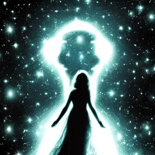 Image similar to a silhouette of a long haired woman, outer space, hearts, album art,