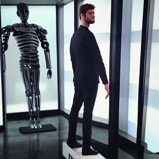 Image similar to “a realistic detailed photo of a guy who is an attractive humanoid who is half robot and half humanoid, who is a male android, actor Liam Hemsworth, shiny skin, posing like a statue, blank stare, at the museum, on display”