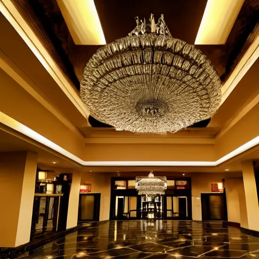 Prompt: empty hotel lobby, chandelier, 8K, realistic, liminal space, spooky, dark