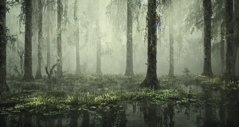 Image similar to A dense and dark enchanted forest with a swamp, with Octane