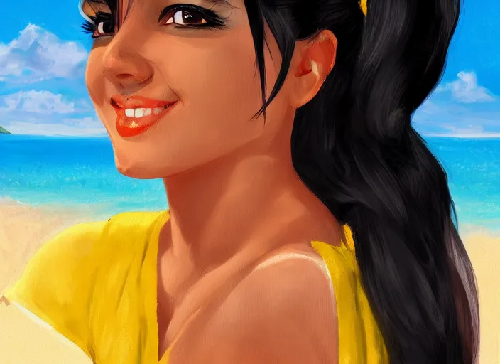 Prompt: a girl with black hair, with a very beautiful symmetrical face, a smile on her face, tanned skin, in a yellow bikini, against the background of a sea beach, digital art, high detail, digital painting, artstation