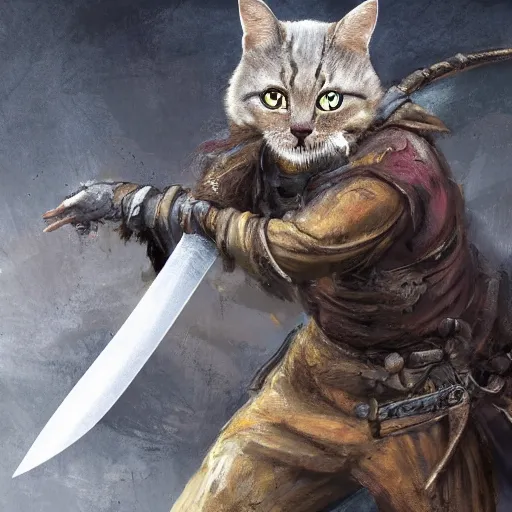 Image similar to a high detail shot of a dirty, homeless cat wielding a sword, realism, 8 k, fantasy, d & d, concept art