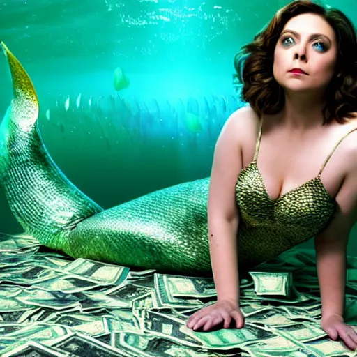 Image similar to rachel bloom as a beautiful mermaid pop star in a club surrounded by piles of money, ultra detailed, 8 k resolution, ultrarealistic