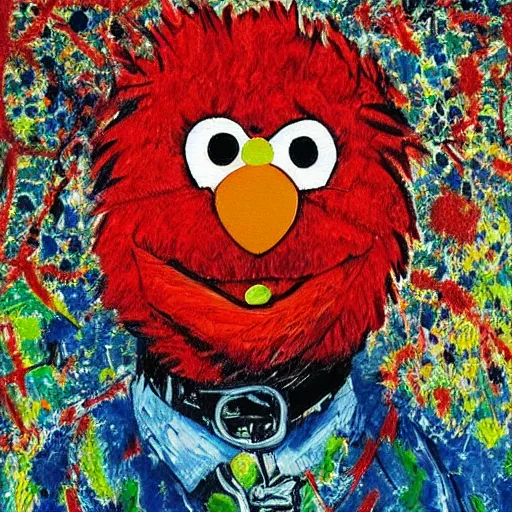 Prompt: painting of elmo by jackson pollock impressionist