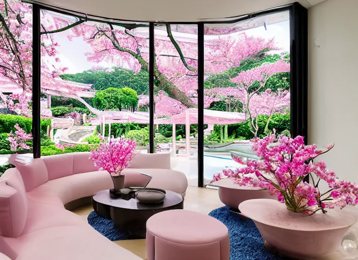 Prompt: luxury pink lush singaporean garden with sakura flowers inside white japanese themed living room with multiversal tv and royal blue high tech couch, by james jean and peter mohrbacher and ruan jia, set in travertine terraces waters, elegant, majestic, mystical, high - end