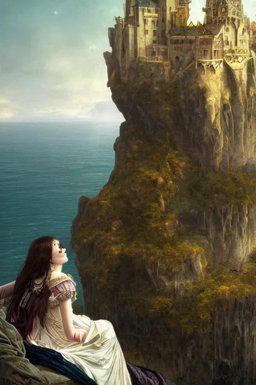 Prompt: a hyperdetailed matte painting a goth princess asleep on a bed in a tower, t shirt and jeans from hot topic, sleeping princess!!!, window that overlooking cliffs and crashing waves in the background, highly detailed, deep focus, elegant, digital painting, sharp focus, ultra realistic, 8 k, art by greg rutkowski and rembrandt and alphonse mucha