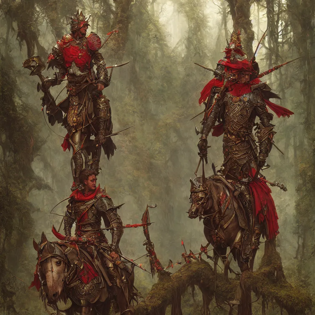 Prompt: fantasy male knight red plume, center focused, matte painting, lush fairy forest, neon, concept art, schematics, gnarly details painted by tom bagshaw, norman rockwell, mucha, james gurney, high detail, denoised, sharp, architectural