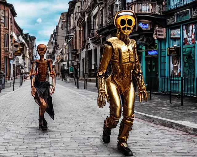 Image similar to a humanoid alien walking along a steampunk city street