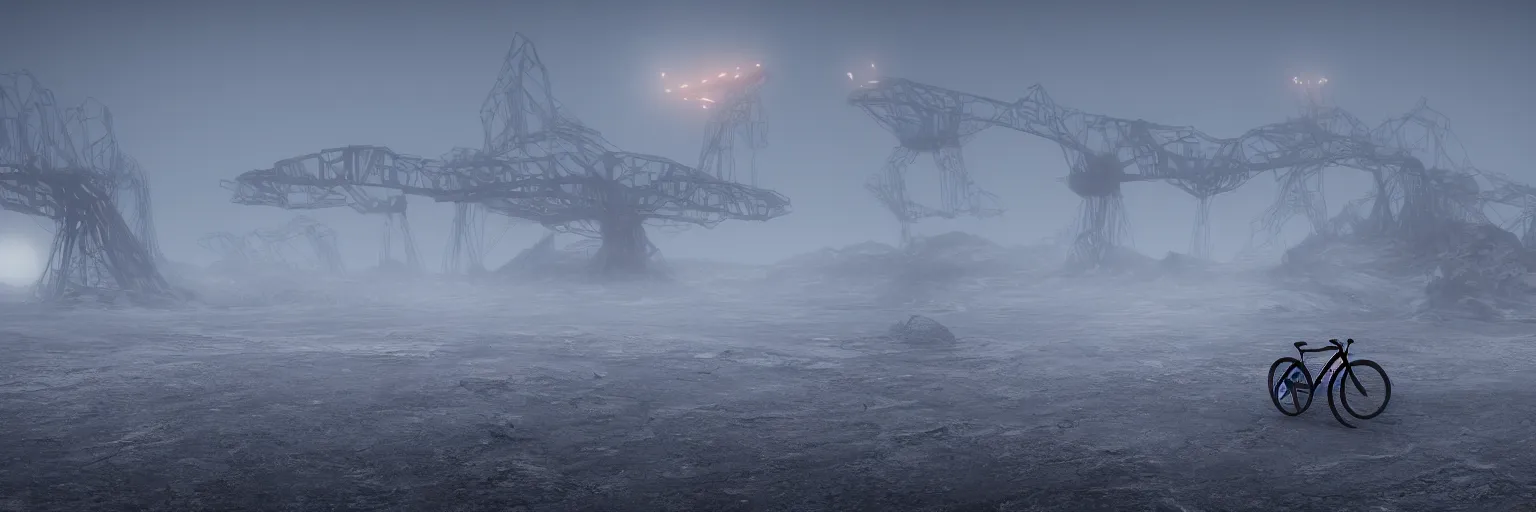 Image similar to desolated foggy cold landscape, tundra, fog , futuristic bike speeding, mountains with alien pylon outpost structure on top, fog, unreal engine 5, 4k, render, volumetric lighting, cinematic, hyperrealistic