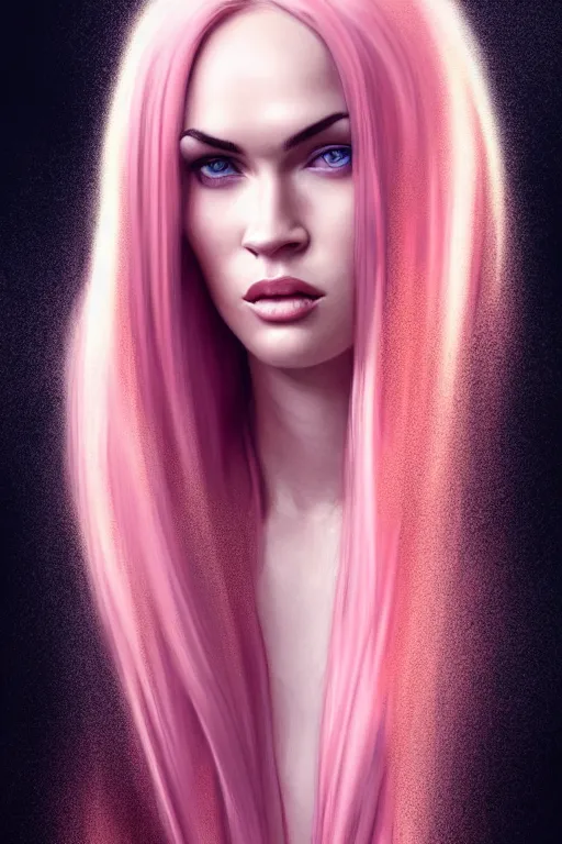 Image similar to Portrait of a beautiful pale skin Nordic female megan fox with long pink hair, elegant, photorealistic, highly detailed, artstation, smooth, sharp focus, gold ornaments, neon lighting, sci-fi, art by Klimt