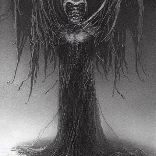 Prompt: lovecraft tentacle wispy entity with firefly wings, dark eerie photo, photo pic taken by beksinski gammell giger mcfarlane