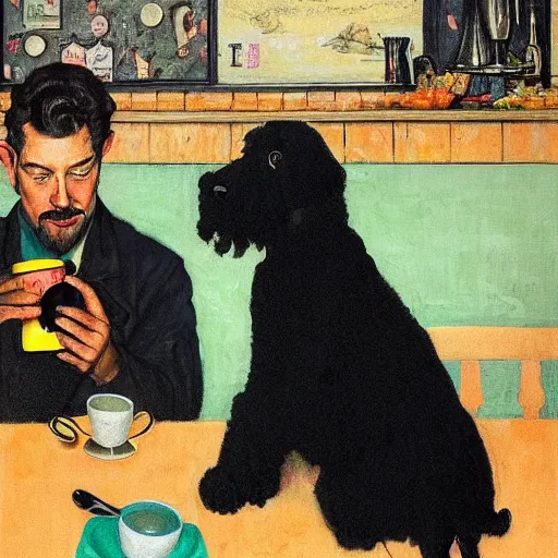 Image similar to Black Goldendoodle with a bright face and a puppy sitting at a diner drinking a cup of coffee, looking melancholy, Norman Rockwell style