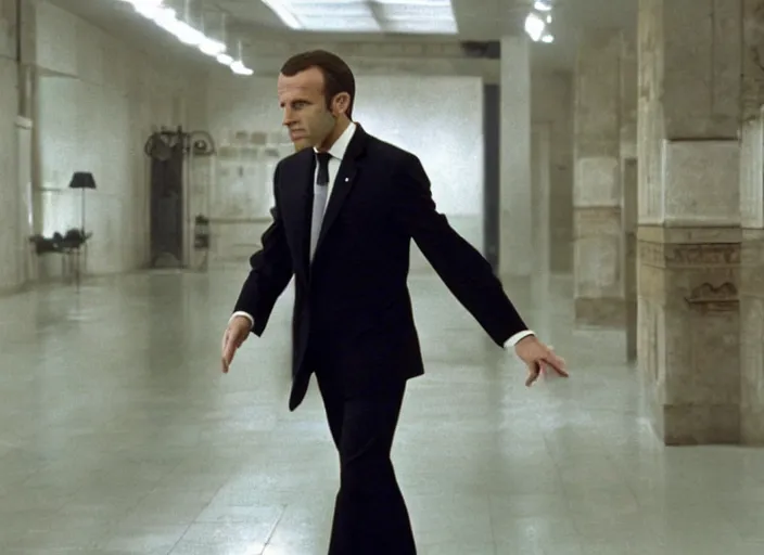 Image similar to hyper realistic, production still of emmanuel macron playing mr smith in matrix ( 1 9 9 9 ), 4 k, highly detailed, anamorphic