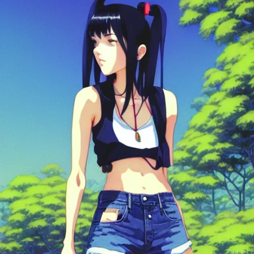 Prompt: a beautiful! boyish! victoria justice alluring gravure! model, wearing black tank top and blue jean shorts, tight black tank top with mayan design, mayan street fashion, painted by greg rutkowski makoto shinkai takashi takeuchi studio ghibli, akihiko yoshida