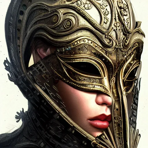 Prompt: Very very very very highly detailed epic photo of face with venetian mask, intricate, dystopian, sci-fi, extremely detailed, digital painting, artstation, concept art, smooth, sharp focus, illustration, intimidating lighting, incredible art by Anton Pieck, Artgerm and Vincent di Fate