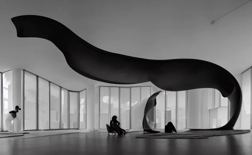 Prompt: futuristic minimalist living room, floating black spirits, surreal, coherent composition, architecturally accurate, architecture photography, 8 k