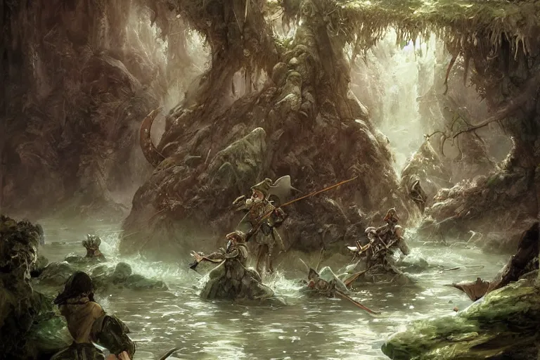 Image similar to dungeons and dragons fantasy painting, mice ranger archers emerge from the forest, longbows, hooded cloaks, whimsical and cute, determined expressions, watery eyes, anime inspired by krenz cushart, brown fur, tufty whiskers, feathered arrows, bamboo forest river shore, dawn lighting, by brian froud jessica rossier and greg rutkowski