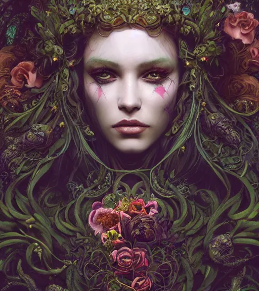 Image similar to portrait of the supreme queen of the dark cult, surrounded by skulls and overgrowth and dark flowers by WLOP, karol bak, James Jean, tom bagshaw, rococo, trending on artstation, cinematic lighting, hyper realism, octane render, 8k, hyper detailed.