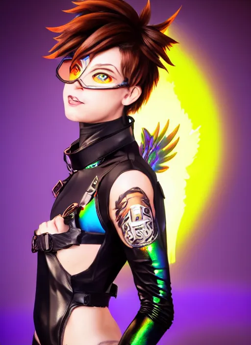 Image similar to portrait bust digital artwork of tracer overwatch, wearing black iridescent rainbow latex and leather outfit, 4 k, expressive happy smug expression, makeup, in style of mark arian, angel wings, wearing detailed black leather collar, chains, black leather harness, detailed face and eyes,